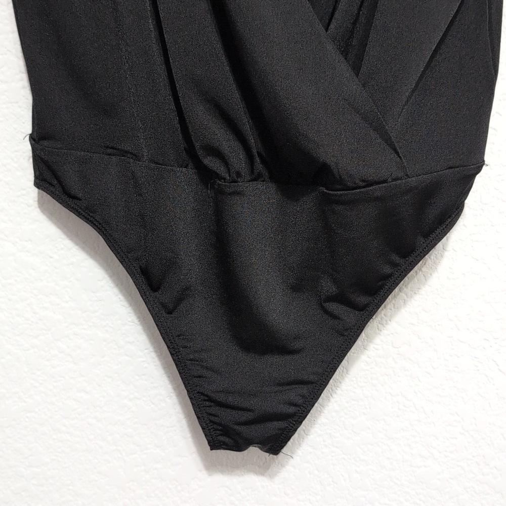 EXPRESS Satin Black Flutter Sleeve Wrap Front Bodysuit Women's Size Small - Picture 3 of 13
